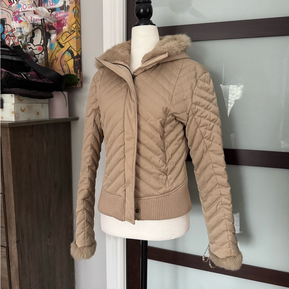 bebe Quilted Tan Jacket with Fur Trim